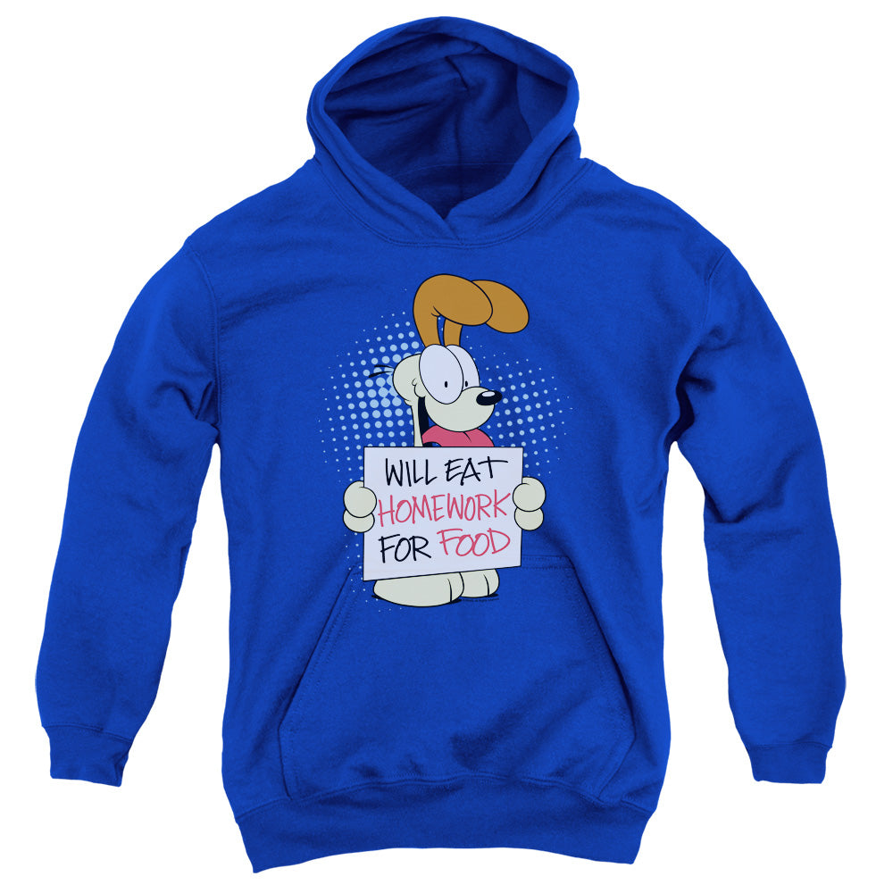 AN OFFCIALLY LICENSED GARFIELD WILL EAT HOMEWORK YOUTH HOODIE ROYAL