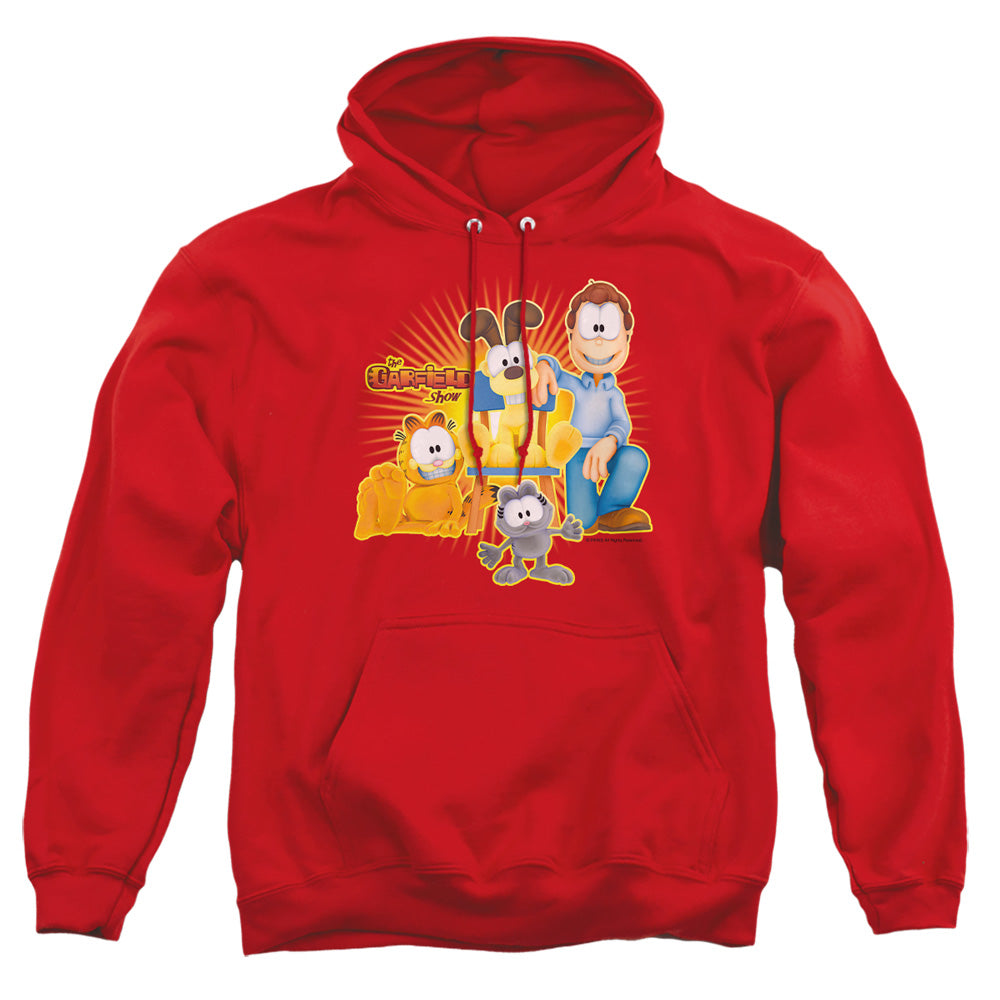 AN OFFCIALLY LICENSED GARFIELD SAY CHEESE ADULT UNISEX PULLOVER HOODIE RED