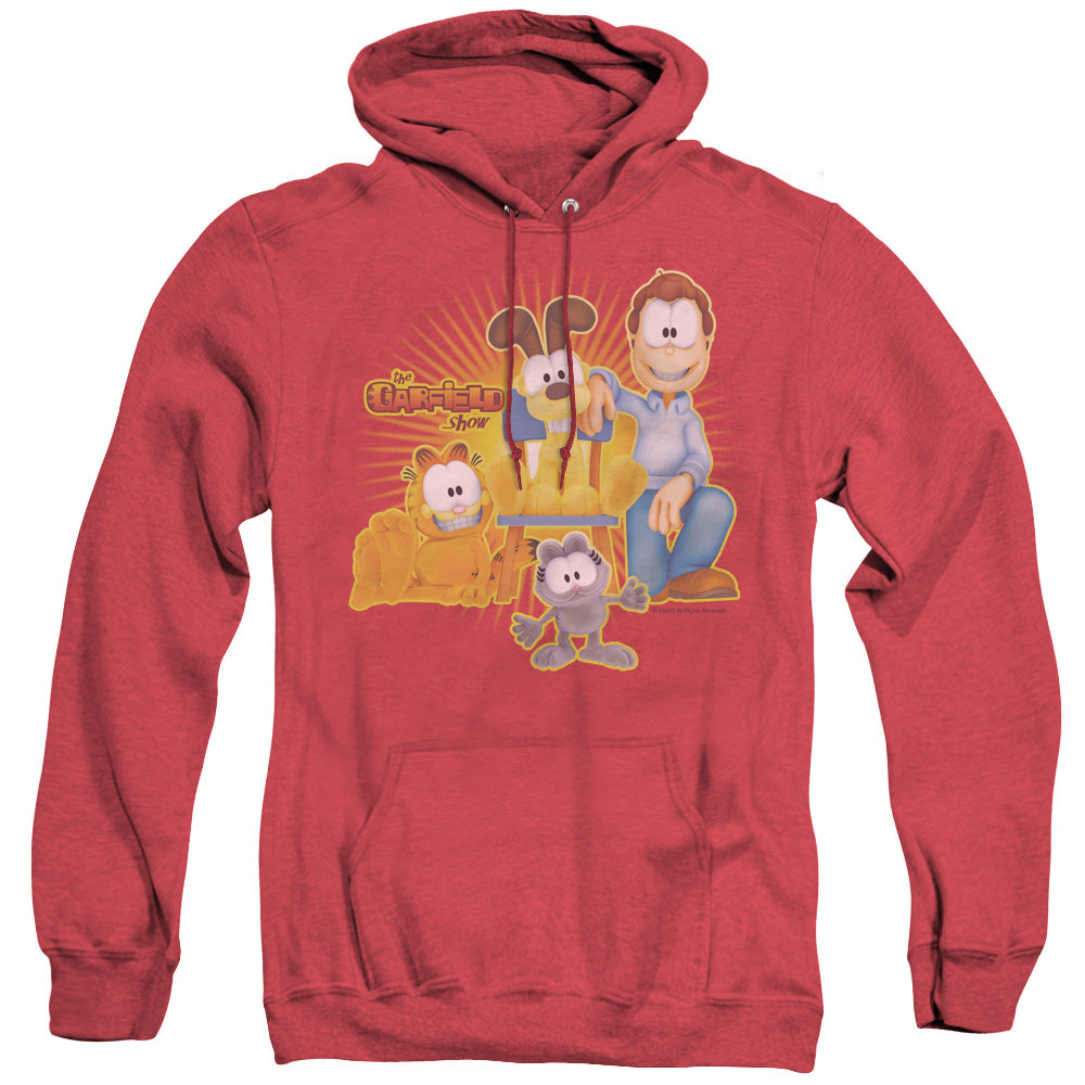 AN OFFCIALLY LICENSED GARFIELD SAY CHEESE ADULT UNISEX HEATHER PULLOVER HOODIE RED