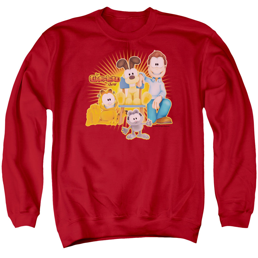 AN OFFCIALLY LICENSED GARFIELD SAY CHEESE ADULT UNISEX CREWNECK SWEATSHIRT RED
