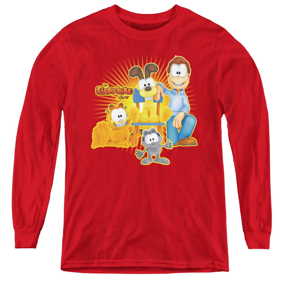 AN OFFCIALLY LICENSED GARFIELD SAY CHEESE YOUTH LONG SLEEVE T-SHIRT RED