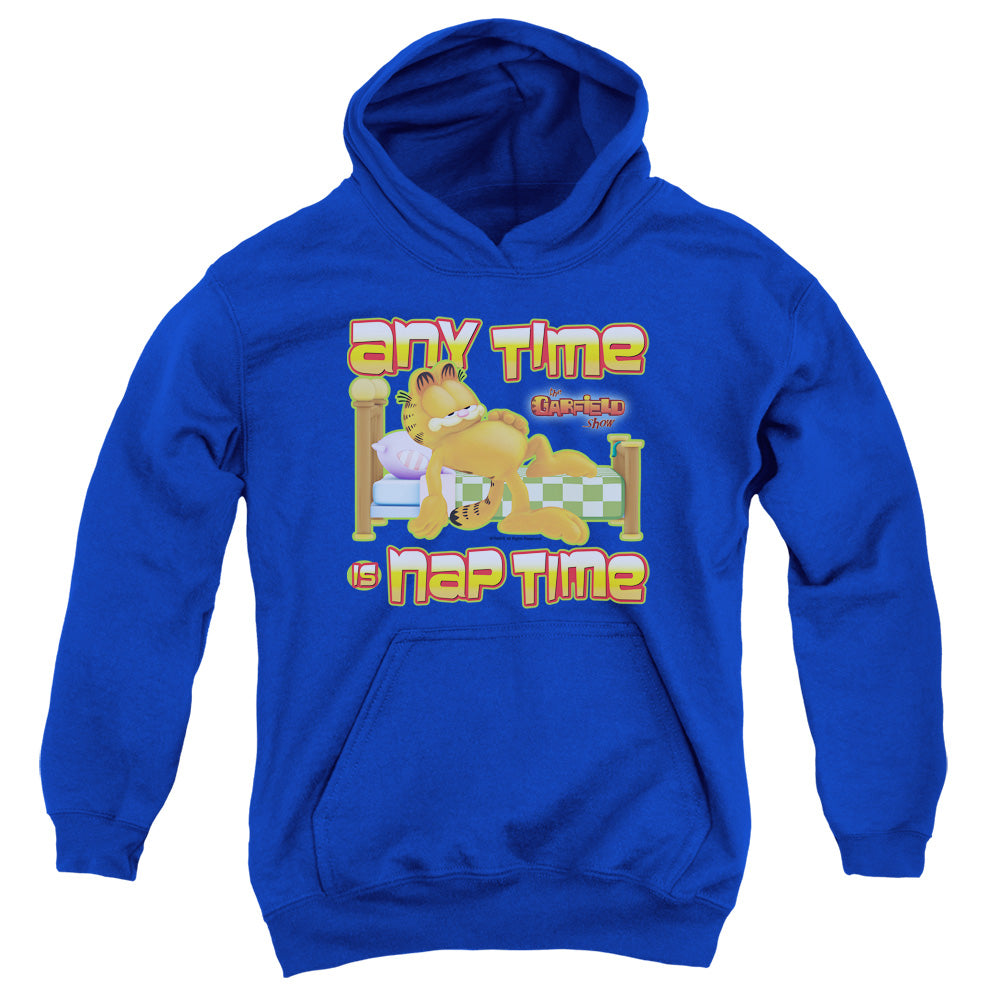 AN OFFCIALLY LICENSED GARFIELD NAP TIME YOUTH HOODIE ROYAL