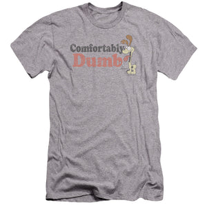 AN OFFCIALLY LICENSED GARFIELD COMFORTABLY DUMB MEN'S PREMIUM SLIM FIT T-SHIRT ATHLETIC HEATHER