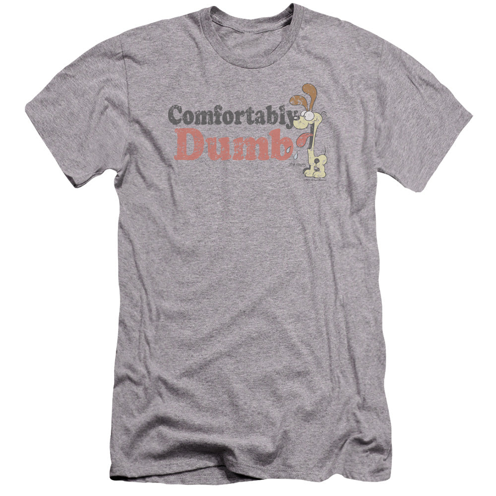 AN OFFCIALLY LICENSED GARFIELD COMFORTABLY DUMB MEN'S PREMIUM SLIM FIT T-SHIRT ATHLETIC HEATHER