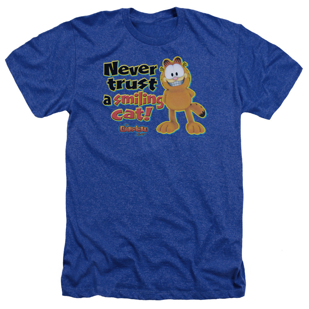 AN OFFCIALLY LICENSED GARFIELD SMILING MEN'S HEATHER T-SHIRT ROYAL
