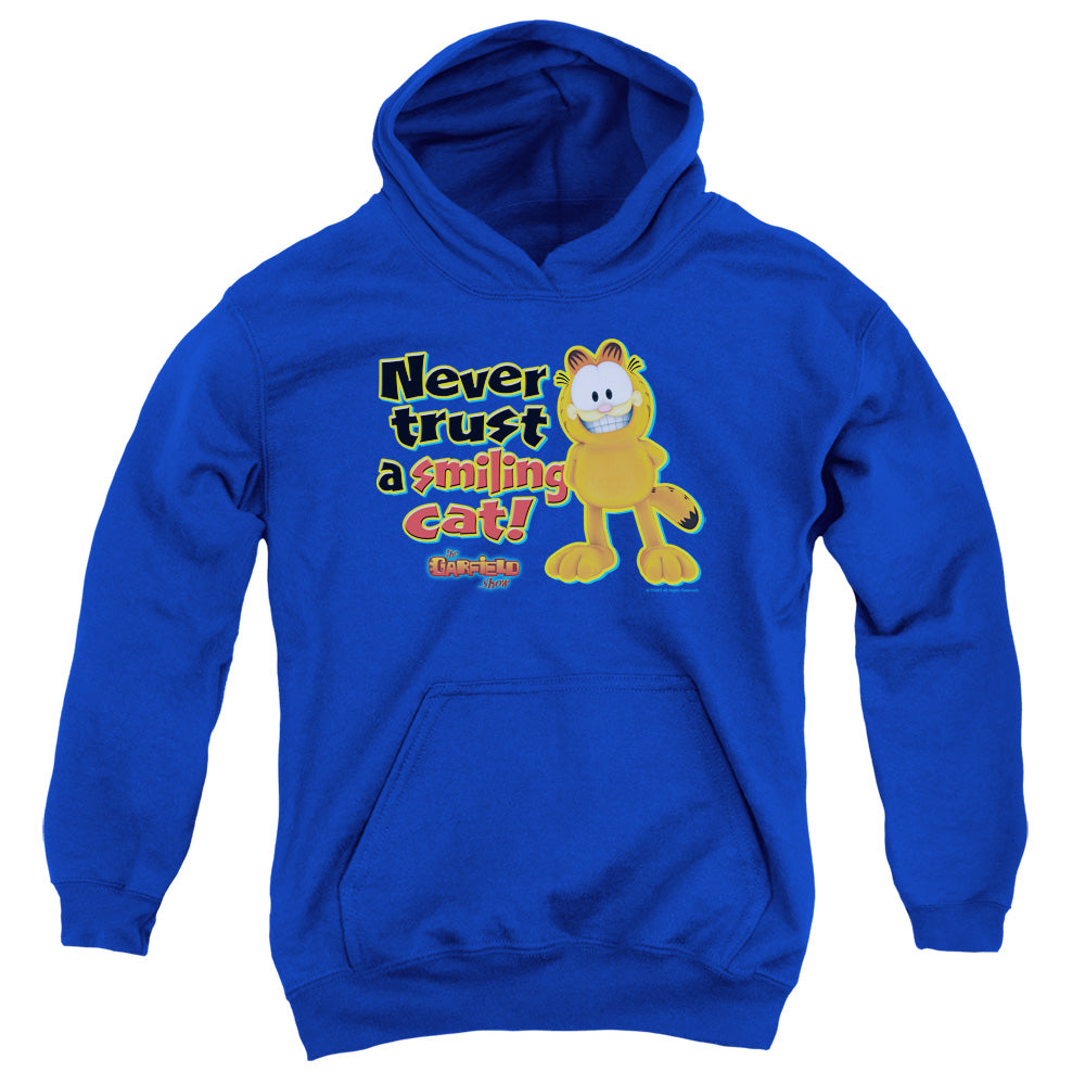 AN OFFCIALLY LICENSED GARFIELD SMILING YOUTH HOODIE ROYAL