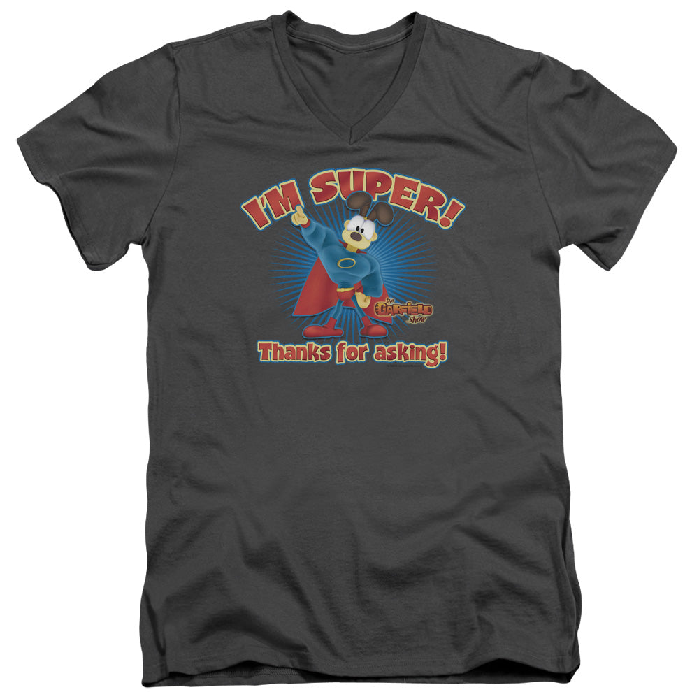 AN OFFCIALLY LICENSED GARFIELD SUPER MEN'S V-NECK T-SHIRT CHARCOAL
