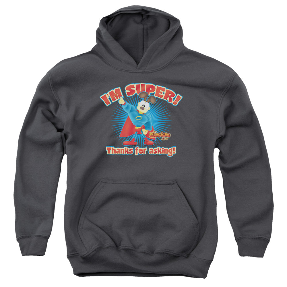 AN OFFCIALLY LICENSED GARFIELD SUPER YOUTH HOODIE CHARCOAL