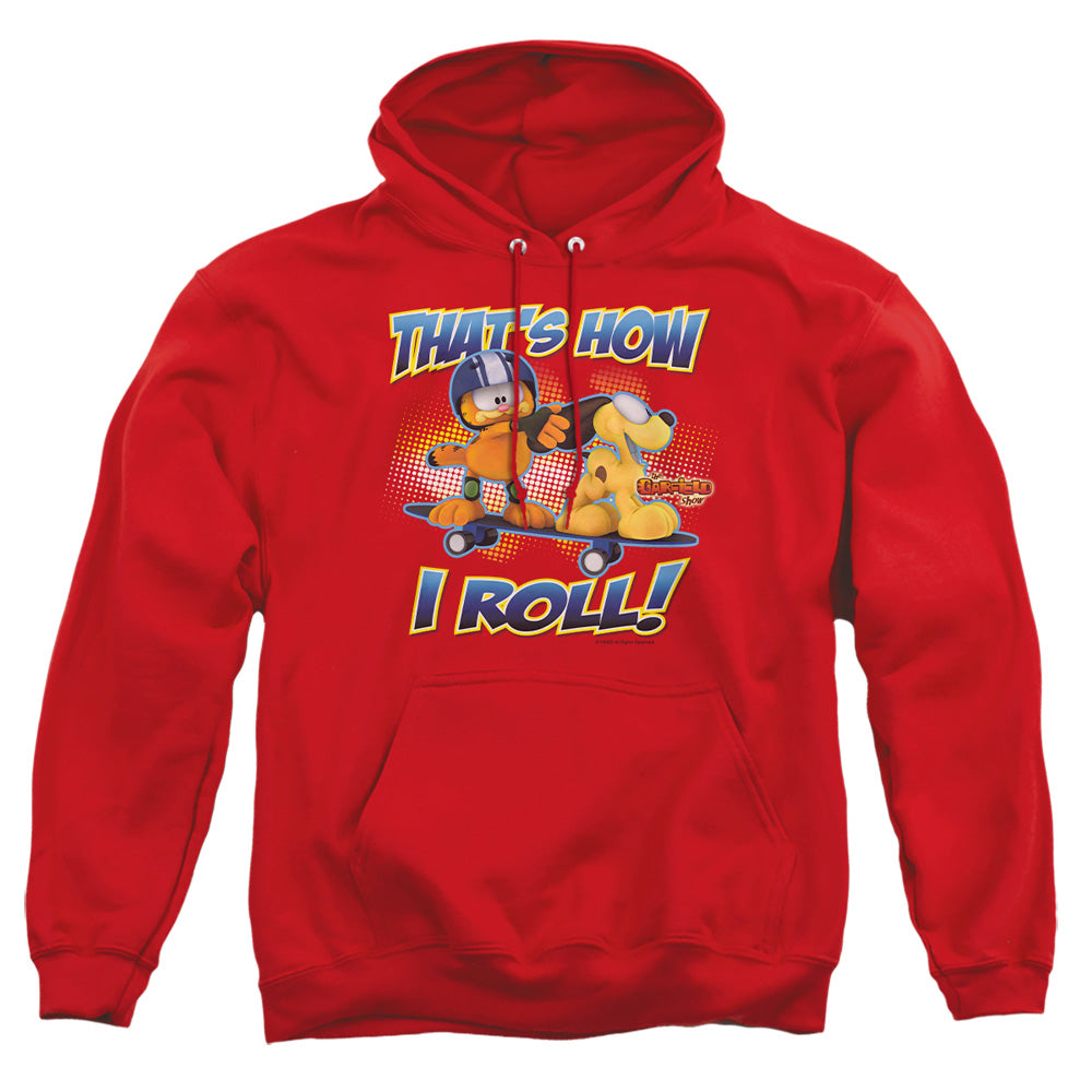 AN OFFCIALLY LICENSED GARFIELD HOW I ROLL ADULT UNISEX PULLOVER HOODIE RED