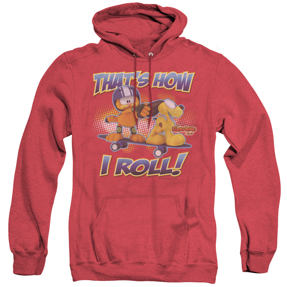AN OFFCIALLY LICENSED GARFIELD HOW I ROLL ADULT UNISEX HEATHER PULLOVER HOODIE RED