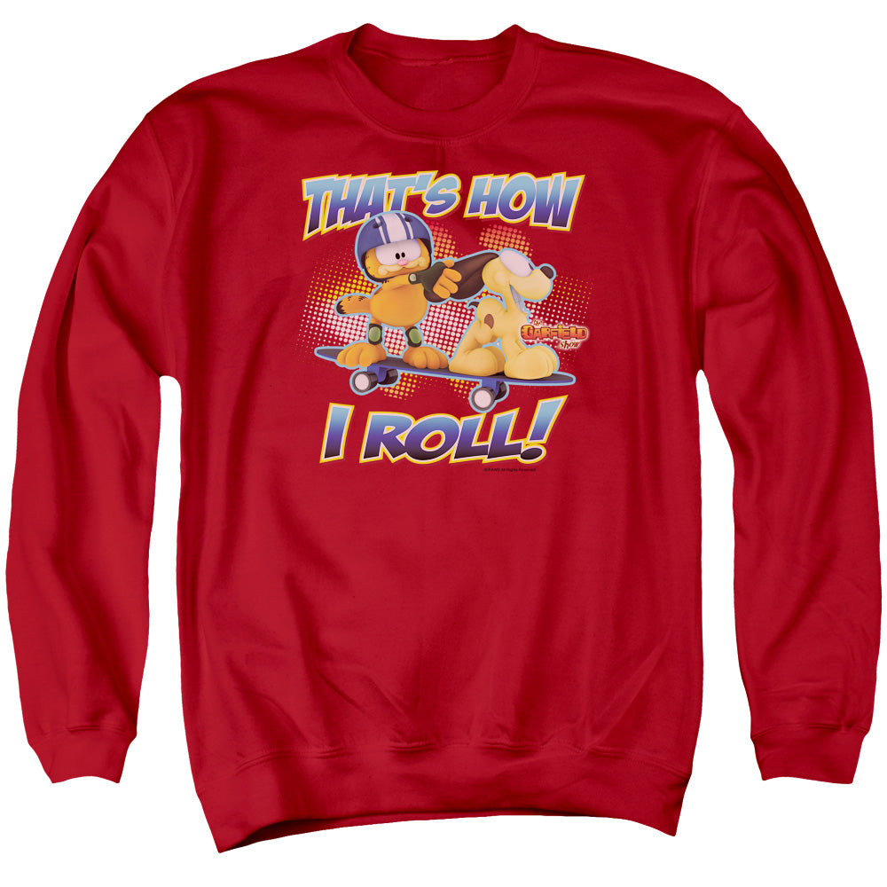 AN OFFCIALLY LICENSED GARFIELD HOW I ROLL ADULT UNISEX CREWNECK SWEATSHIRT RED