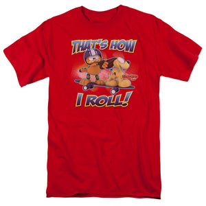 AN OFFCIALLY LICENSED GARFIELD HOW I ROLL MEN'S REGULAR FIT T-SHIRT RED