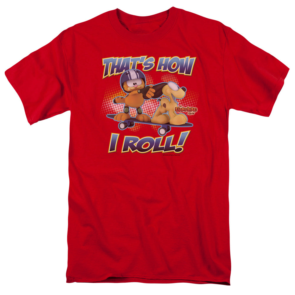 AN OFFCIALLY LICENSED GARFIELD HOW I ROLL MEN'S REGULAR FIT T-SHIRT RED