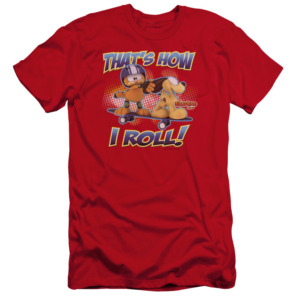 AN OFFCIALLY LICENSED GARFIELD HOW I ROLL MEN'S PREMIUM SLIM FIT T-SHIRT RED