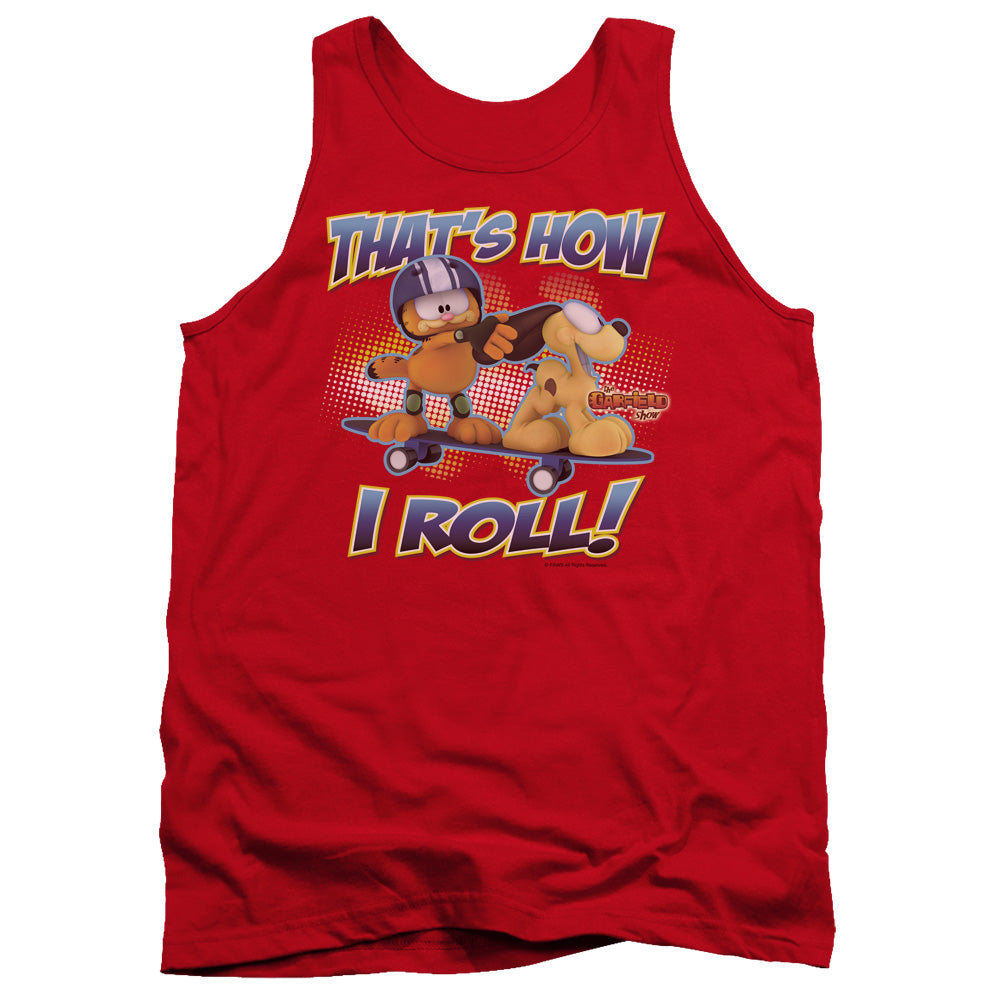 AN OFFCIALLY LICENSED GARFIELD HOW I ROLL ADULT UNISEX TANK TOP RED