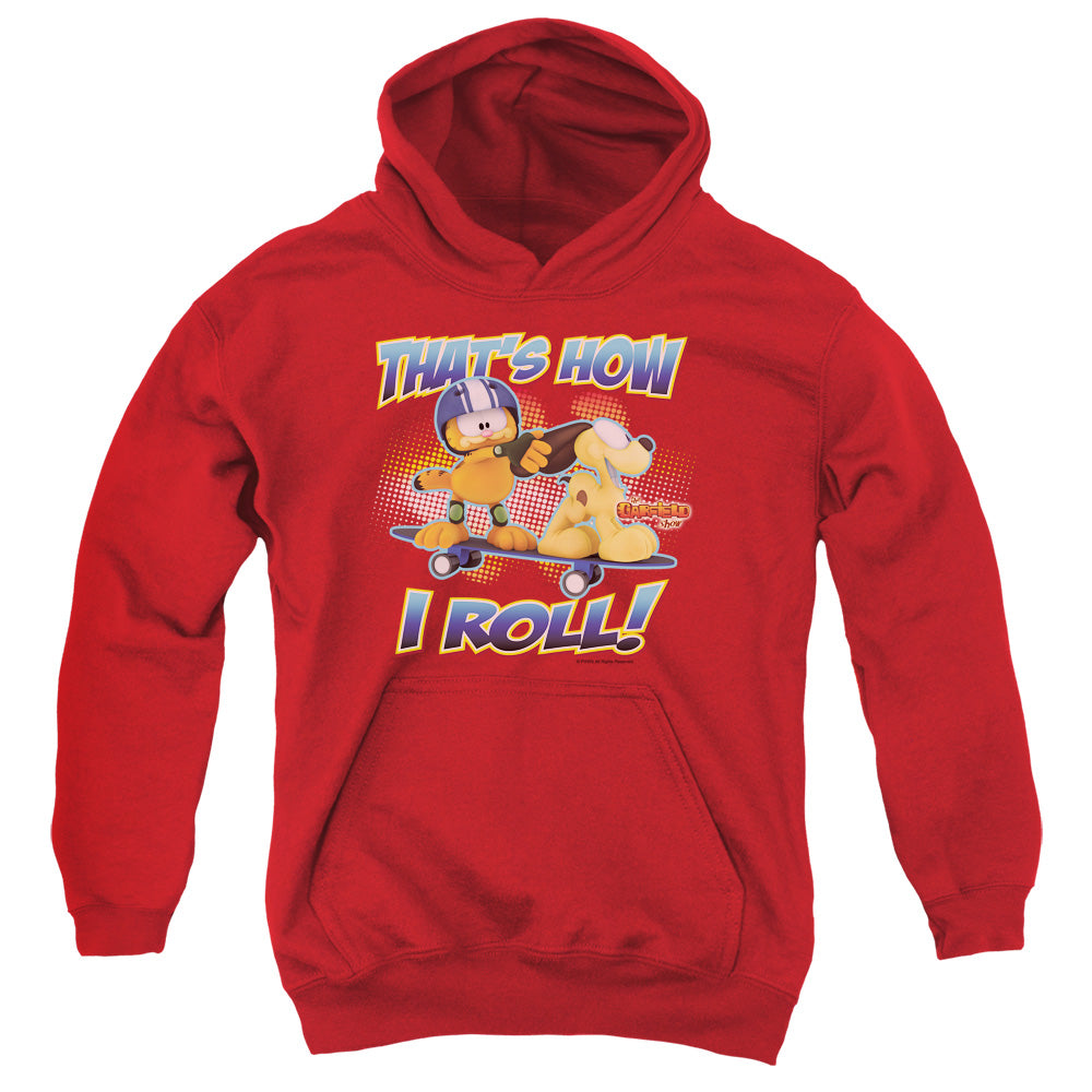 AN OFFCIALLY LICENSED GARFIELD HOW I ROLL YOUTH HOODIE RED
