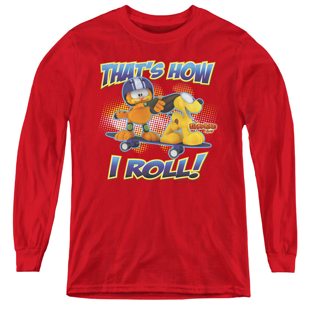 AN OFFCIALLY LICENSED GARFIELD HOW I ROLL YOUTH LONG SLEEVE T-SHIRT RED