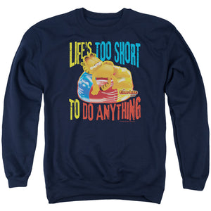 AN OFFCIALLY LICENSED GARFIELD TOO SHORT ADULT UNISEX CREWNECK SWEATSHIRT NAVY