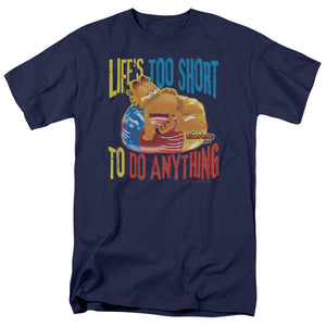 AN OFFCIALLY LICENSED GARFIELD TOO SHORT MEN'S REGULAR FIT T-SHIRT NAVY