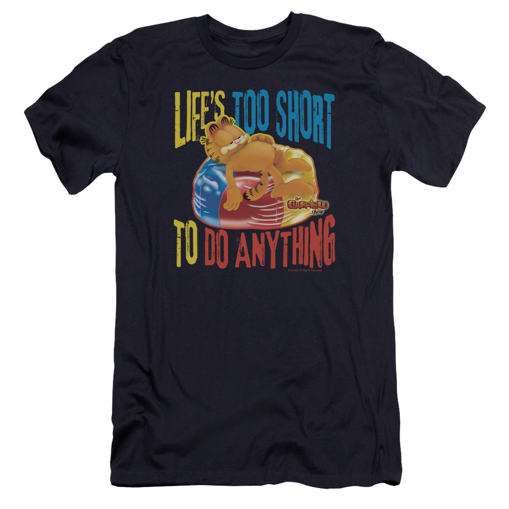 AN OFFCIALLY LICENSED GARFIELD TOO SHORT MEN'S PREMIUM SLIM FIT T-SHIRT NAVY