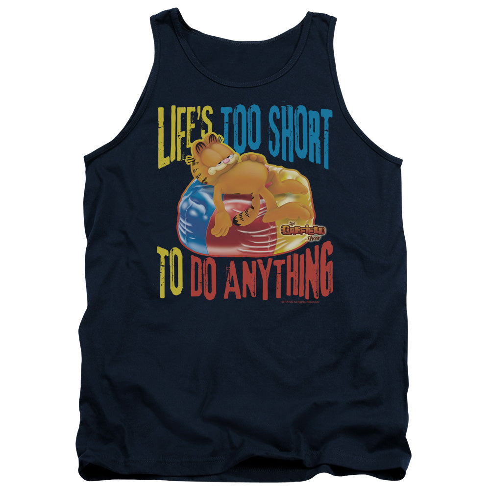 AN OFFCIALLY LICENSED GARFIELD TOO SHORT ADULT UNISEX TANK TOP NAVY