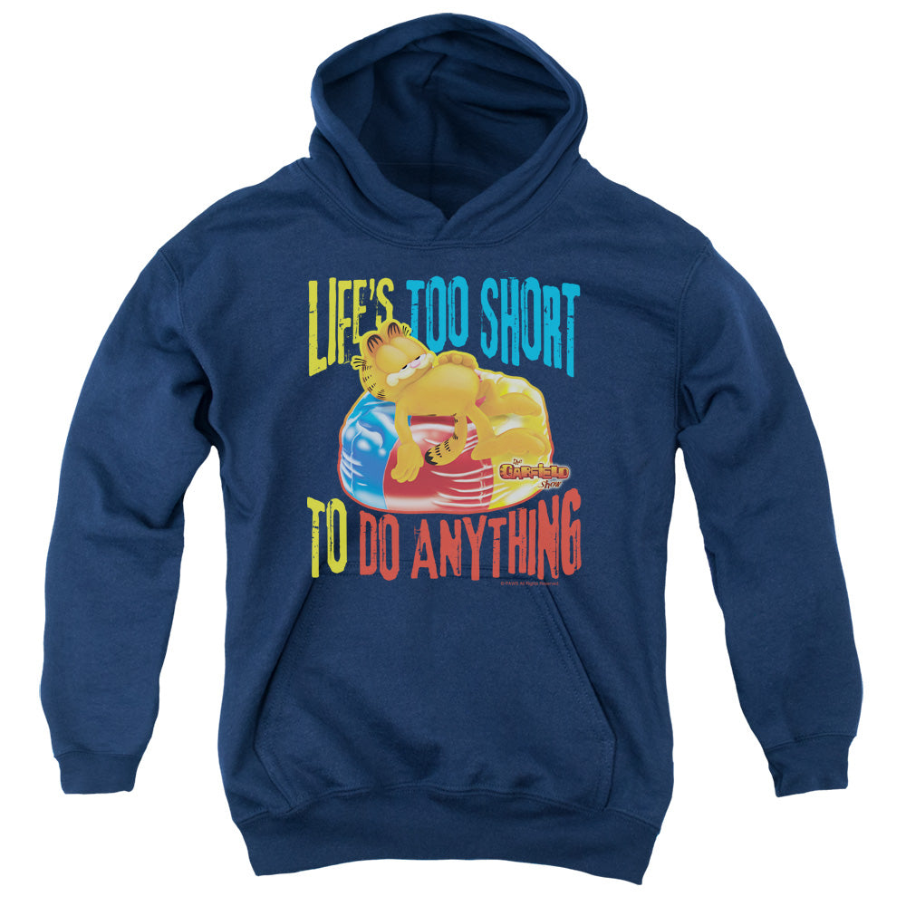 AN OFFCIALLY LICENSED GARFIELD TOO SHORT YOUTH HOODIE NAVY