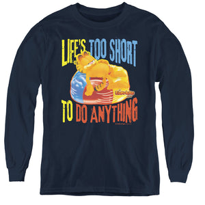 AN OFFCIALLY LICENSED GARFIELD TOO SHORT YOUTH LONG SLEEVE T-SHIRT NAVY