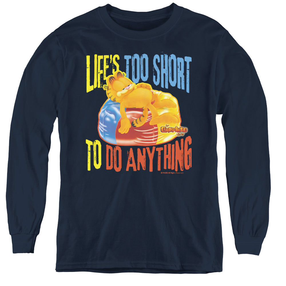 AN OFFCIALLY LICENSED GARFIELD TOO SHORT YOUTH LONG SLEEVE T-SHIRT NAVY