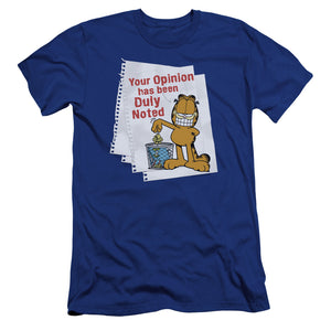 AN OFFCIALLY LICENSED GARFIELD DULY NOTED MEN'S PREMIUM SLIM FIT T-SHIRT ROYAL