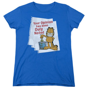 AN OFFCIALLY LICENSED GARFIELD DULY NOTED WOMEN'S REGULAR FIT T-SHIRT ROYAL