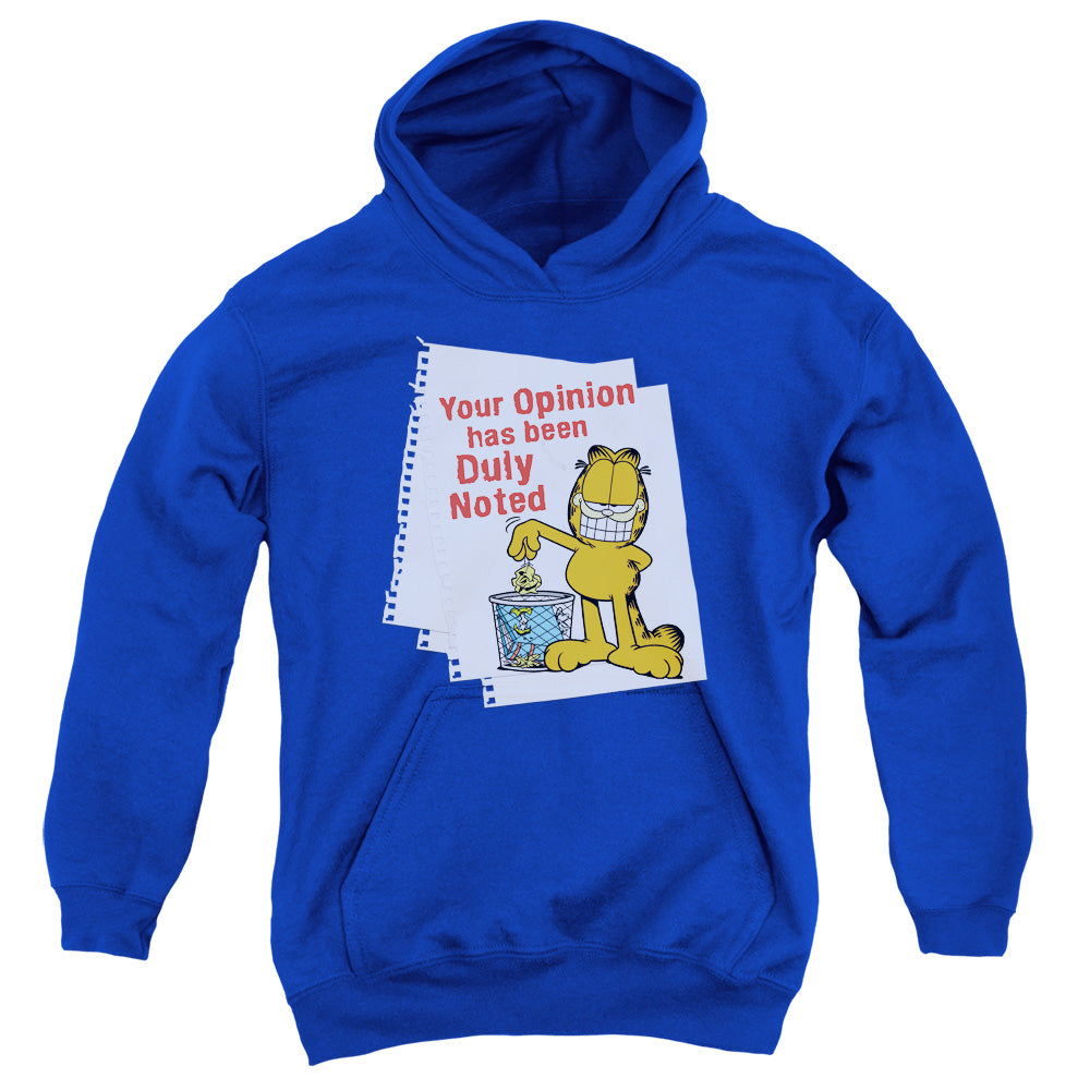 AN OFFCIALLY LICENSED GARFIELD DULY NOTED YOUTH HOODIE ROYAL
