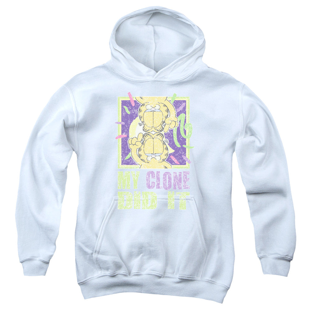 AN OFFCIALLY LICENSED GARFIELD MY CLONE DID IT YOUTH HOODIE WHITE