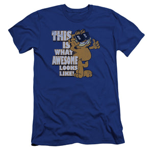 AN OFFCIALLY LICENSED GARFIELD AWESOME MEN'S PREMIUM SLIM FIT T-SHIRT ROYAL