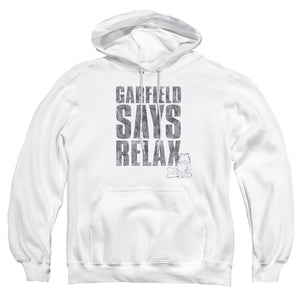 AN OFFCIALLY LICENSED GARFIELD RELAX ADULT UNISEX PULLOVER HOODIE WHITE