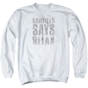 AN OFFCIALLY LICENSED GARFIELD RELAX ADULT UNISEX CREWNECK SWEATSHIRT WHITE