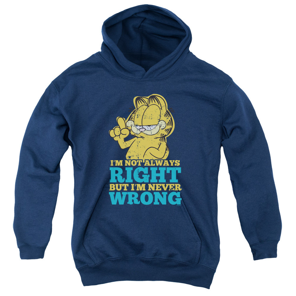 AN OFFCIALLY LICENSED GARFIELD NEVER WRONG YOUTH HOODIE NAVY