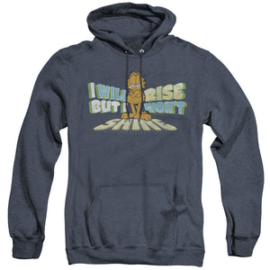 AN OFFCIALLY LICENSED GARFIELD RISE NOT SHINE ADULT UNISEX HEATHER PULLOVER HOODIE NAVY