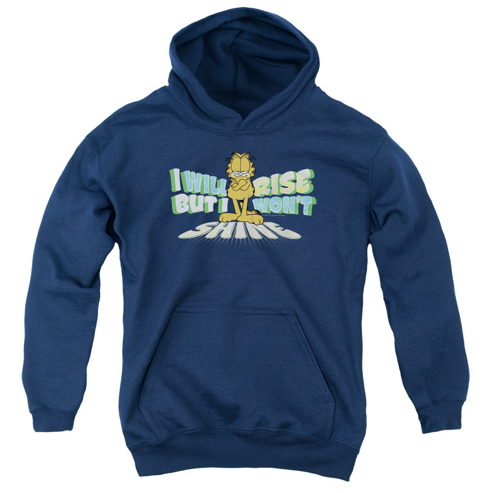 AN OFFCIALLY LICENSED GARFIELD RISE NOT SHINE YOUTH HOODIE NAVY