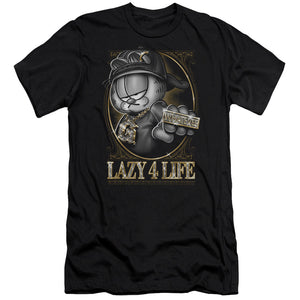 AN OFFCIALLY LICENSED GARFIELD LAZY 4 LIFE MEN'S PREMIUM SLIM FIT T-SHIRT BLACK