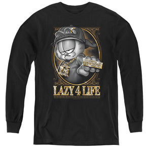 AN OFFCIALLY LICENSED GARFIELD LAZY 4 LIFE YOUTH LONG SLEEVE T-SHIRT BLACK