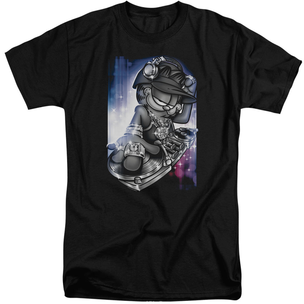 AN OFFCIALLY LICENSED GARFIELD DJ LAZY MEN'S TALL FIT T-SHIRT BLACK