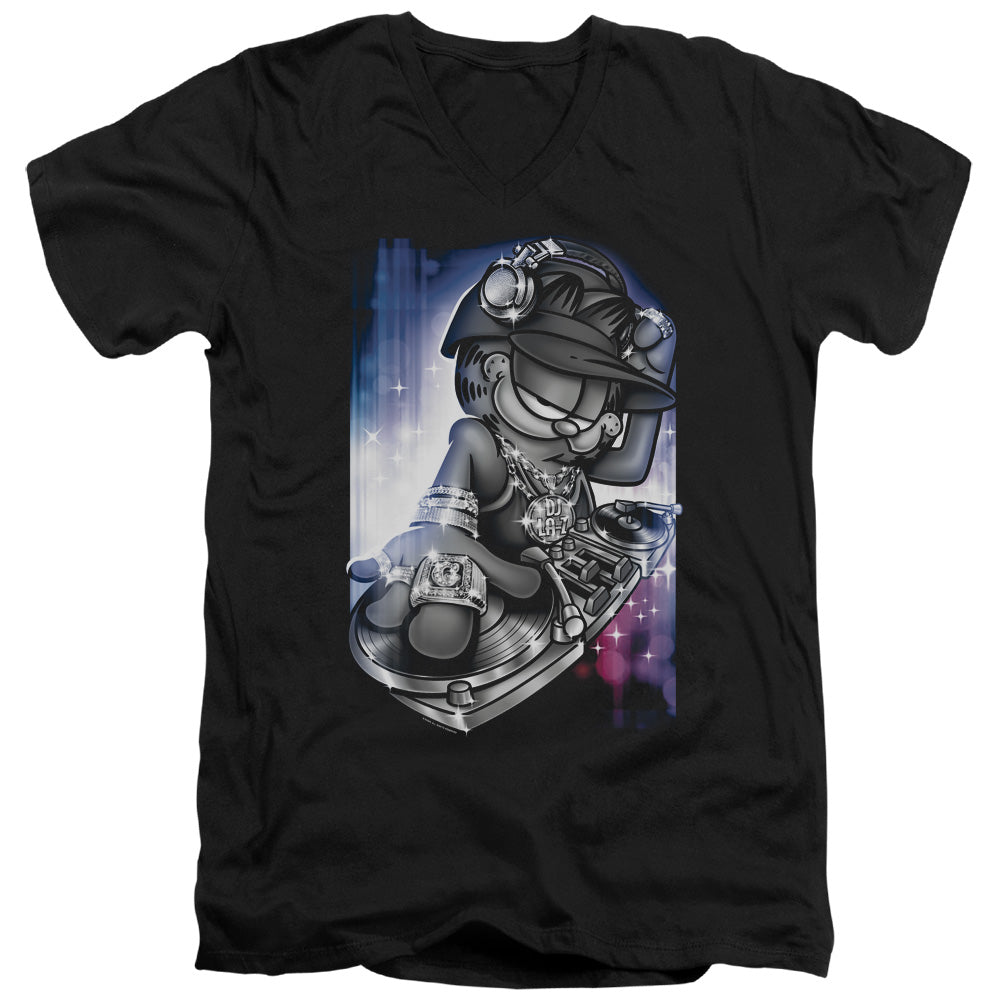 AN OFFCIALLY LICENSED GARFIELD DJ LAZY MEN'S V-NECK T-SHIRT BLACK
