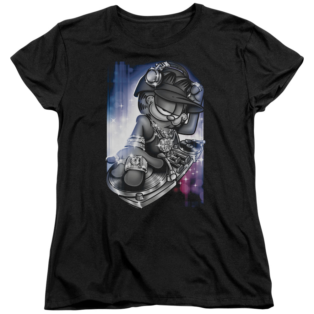 AN OFFCIALLY LICENSED GARFIELD DJ LAZY WOMEN'S REGULAR FIT T-SHIRT BLACK