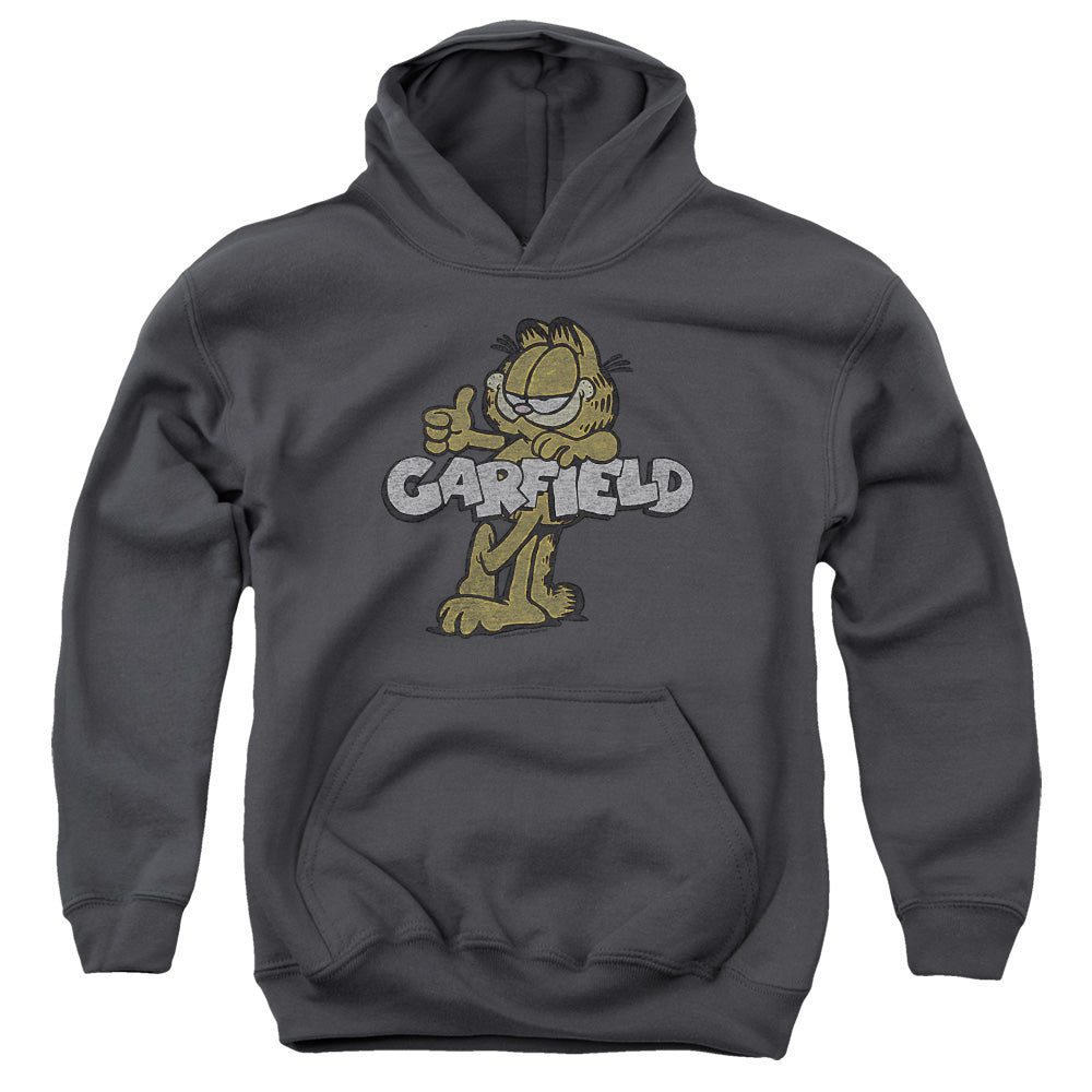 AN OFFCIALLY LICENSED GARFIELD RETRO GARF YOUTH HOODIE CHARCOAL