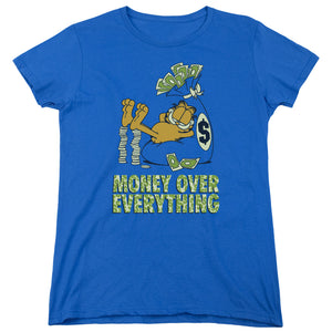 AN OFFCIALLY LICENSED GARFIELD MONEY IS EVERYTHING WOMEN'S REGULAR FIT T-SHIRT ROYAL