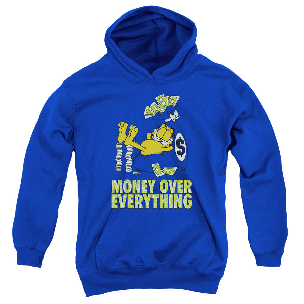 AN OFFCIALLY LICENSED GARFIELD MONEY IS EVERYTHING YOUTH HOODIE ROYAL