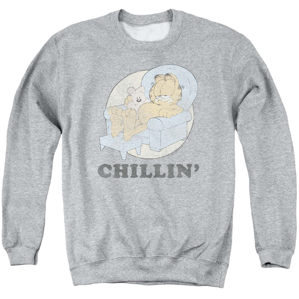 AN OFFCIALLY LICENSED GARFIELD CHILLIN ADULT UNISEX CREWNECK SWEATSHIRT ATHLETIC HEATHER