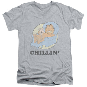 AN OFFCIALLY LICENSED GARFIELD CHILLIN MEN'S V-NECK T-SHIRT ATHLETIC HEATHER