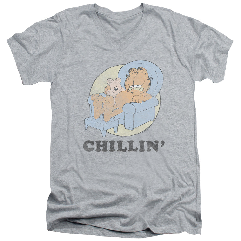 AN OFFCIALLY LICENSED GARFIELD CHILLIN MEN'S V-NECK T-SHIRT ATHLETIC HEATHER