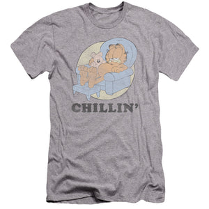 AN OFFCIALLY LICENSED GARFIELD CHILLIN MEN'S PREMIUM SLIM FIT T-SHIRT ATHLETIC HEATHER